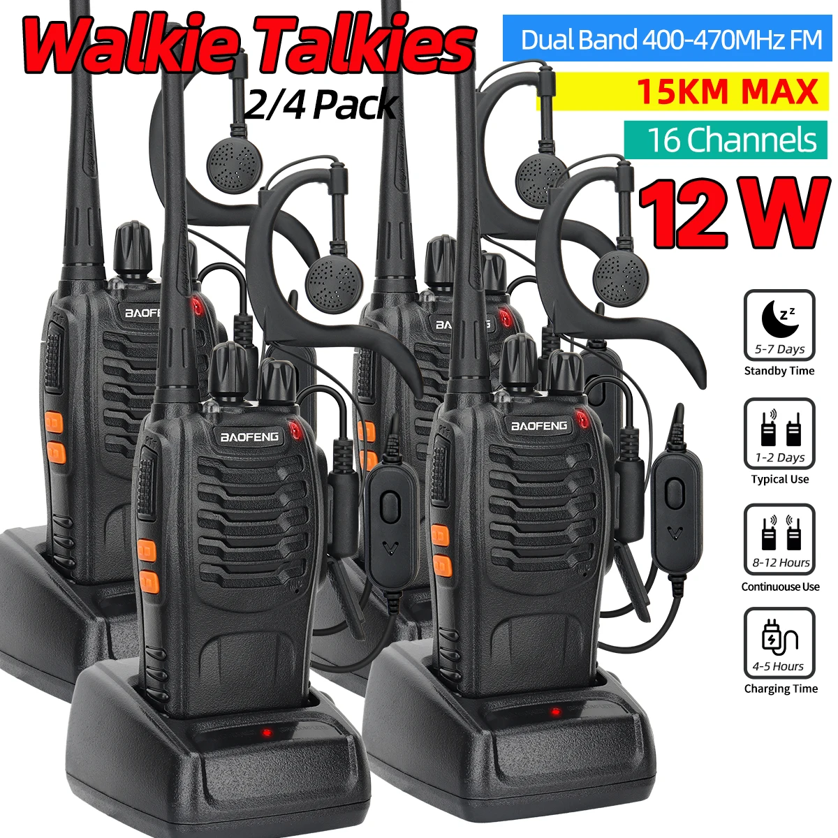 

5/12W 2PCS Baofeng BF-888S Walkie Talkie UHF 400-470MHz 888s 100km² Long Range Two Way ham Radios Transceiver USB for Hunting