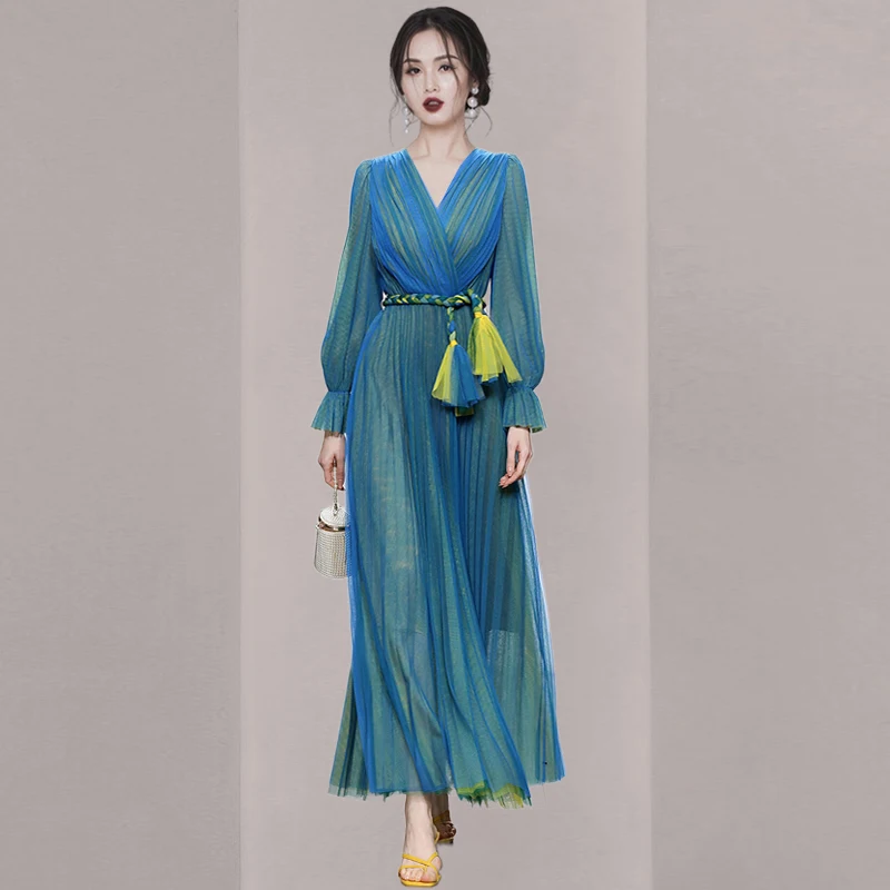 

WTIANYUW высокое качество 2023 новый летний женский темпераментный Тонкий Сетчатый V-образный вырез рукав-фонарик на шнуровке Макси праздничное платье