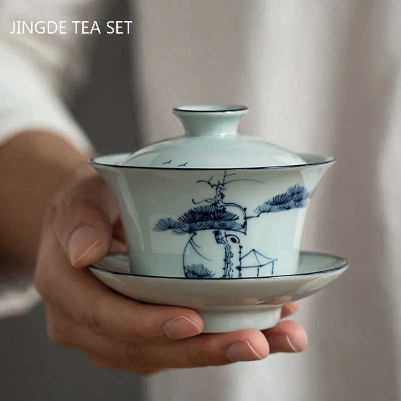 

Jingdezhen Antique Ceramic Gaiwan Teacup Handmade Blue and White Tea Tureen Home Teaware Drinkware Travel Personal Cup 150ml
