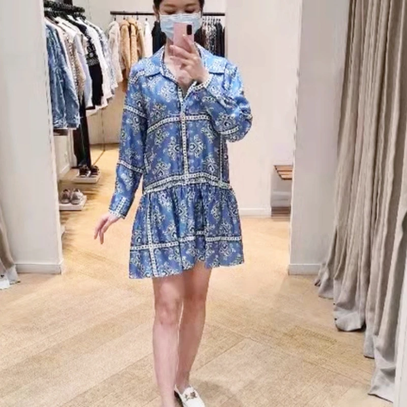 

Spring Vintage Print Shirt Dress Women Elegant Turn-down Collar Loose Mini Dresses Office Lady French Sand* Luxury Brand Vestido