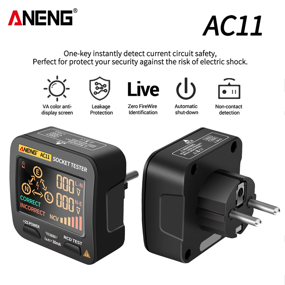 

ANENG AC11 Voltage Test Socket Detector US/UK/EU/AU Plug Ground Zero Line Phase Check Rcd NCV Test Digital Smart Socket Tester