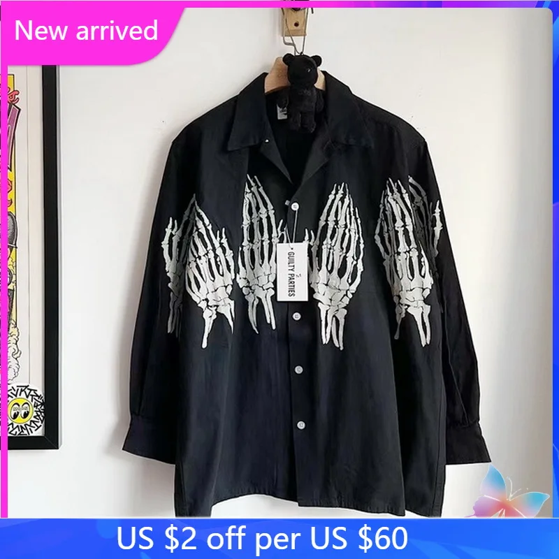 

WACKO Shirts Skull Claw Hawaiian Long Sleeve Shirt Men Women High Street Hip-hop Loose Shirt