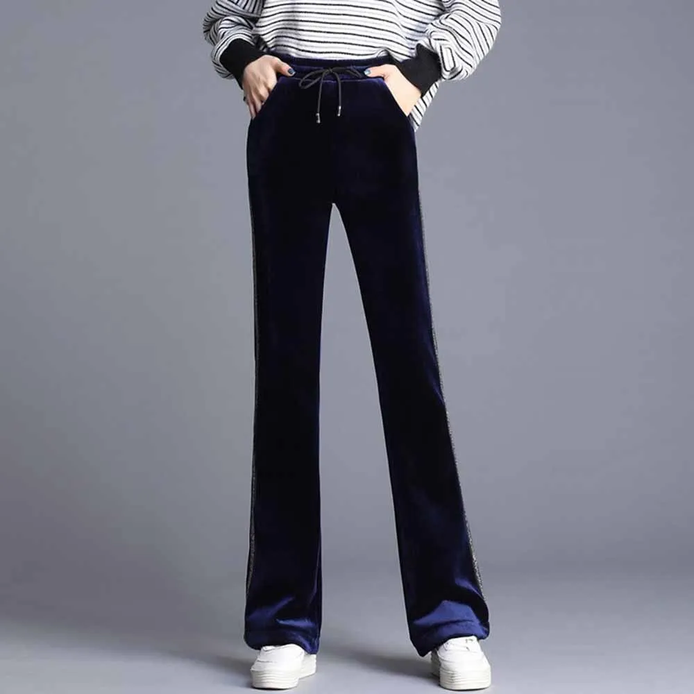 

Модные женские бархатные брюки золотого цвета, черные расклешенные брюки с высокой талией, женская одежда с эластичным поясом, повседневные женские длинные брюки