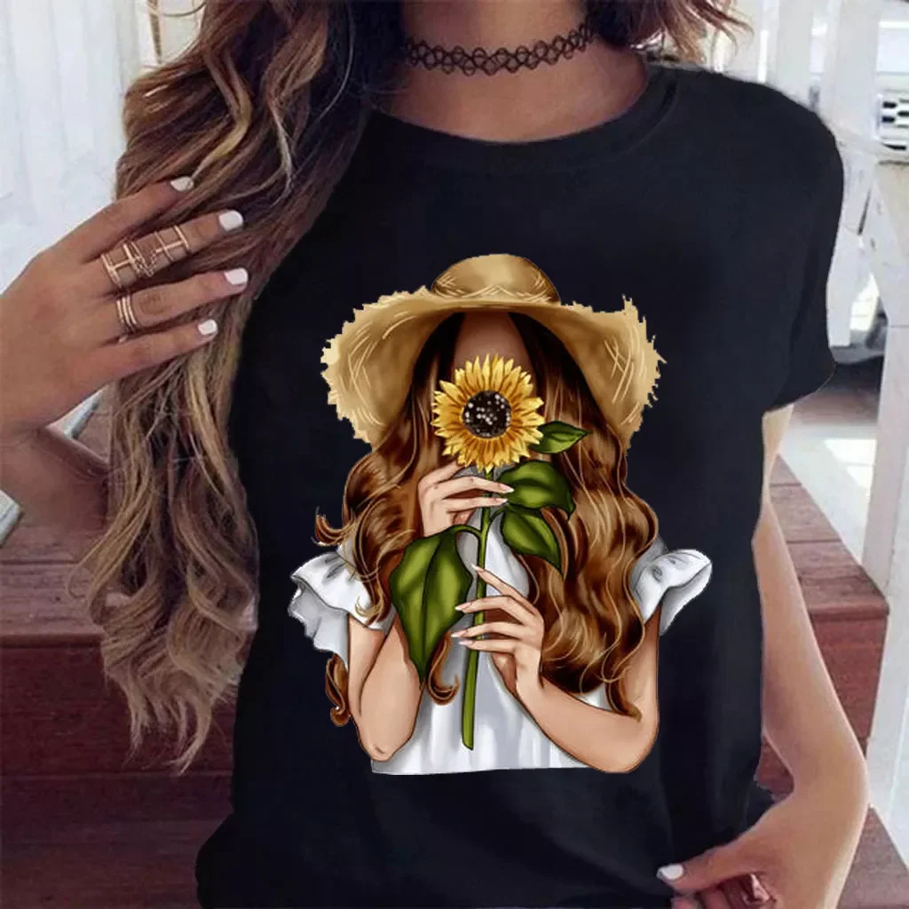 

Fashion Women T Shirt Sunflower Girl Printed T Shirt Casual Black Tops 90s Ladies Girl Tee Shirt Female Harajuku Graphic T-shirt
