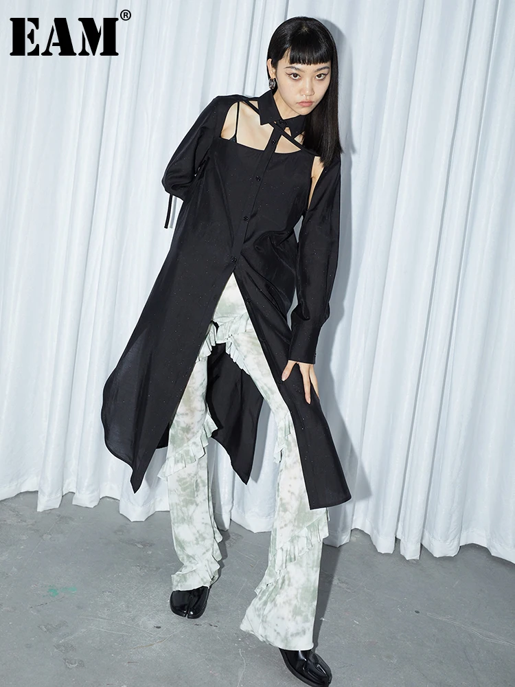 

[EAM] Women Black Long Hollow Out Bandage Blouse New Lapel Long Sleeve Loose Fit Shirt Fashion Tide Spring Summer 2023 1DE0455