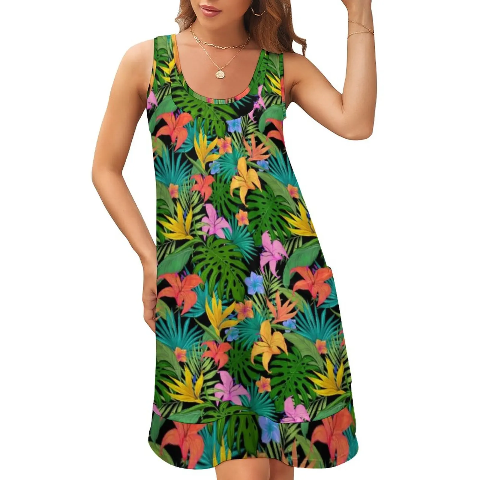 

Colorful Bright Flowers Dress Palm Leaves Print Sleeveless Beach Dresses Women O Neck Retro Tank Dress Summer Clothing Gift Idea