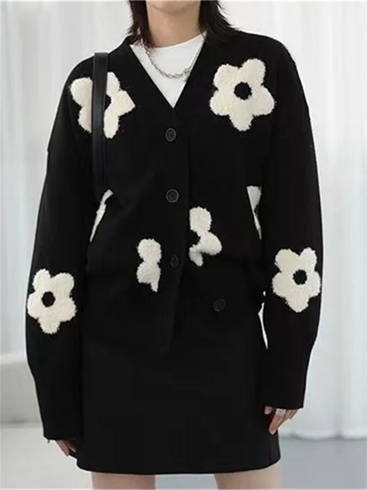 

Hsa Korean Chic Floral Knitwear Women Cardigans Korean Style Long Sleeve Knitted Sweaters Elegant Black Coat Korean Sweater Top