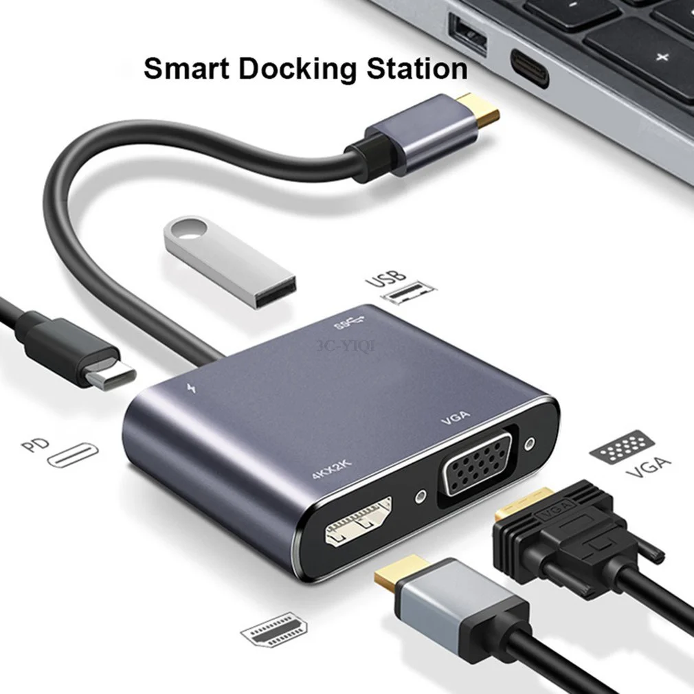 

4K Type C к HDMI-совместимый USB 3,0 PD конвертер VGA 4 в 1 док-станция USB C концентратор USB-адаптер кабель для телефона Macbook ноутбука
