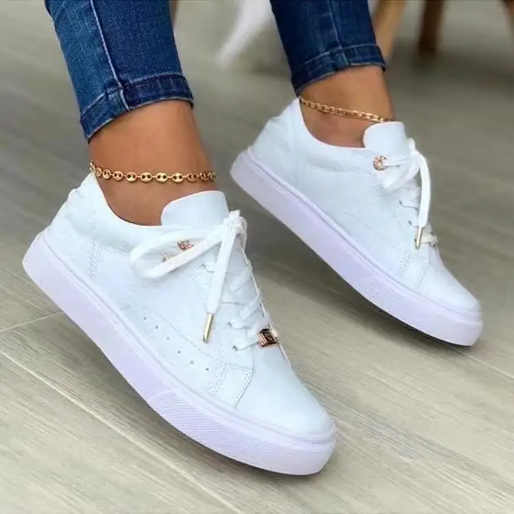 

Plus Size Casual Women's Shoes New Round Toe Thick Sole Viscose Flat Loafers Lace Up Tennis Solid Color ladies Vulcanized Shoes