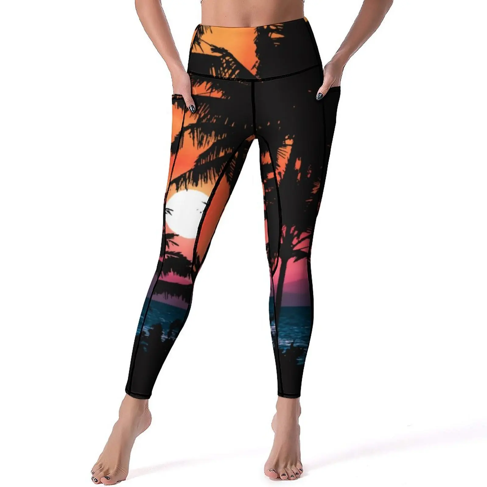 

Summer Sunset Leggings Sexy Tropical Palm Trees High Waist Yoga Pants Funny Stretchy Leggins Women Graphic Fitness Sports Tights