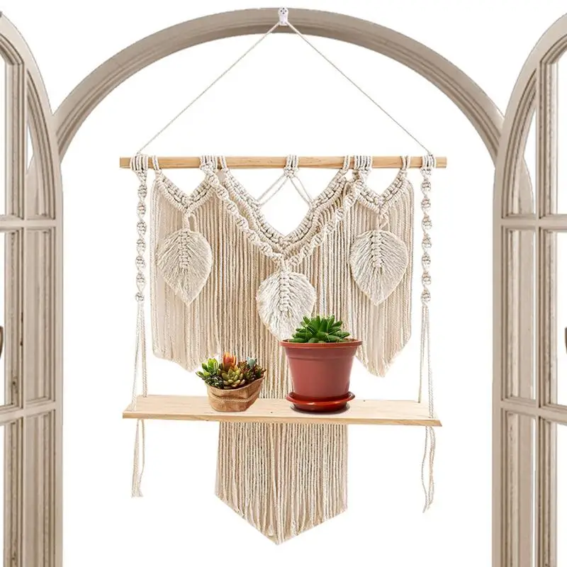 

Woven Wall Hanging Rack Bohemian Beige Geometric Wave Art Decor With Rack And Tassel Handmade Rope Macrame Indoor Plants Hanger