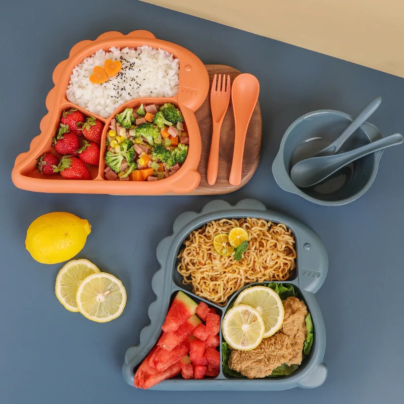 

4Pcs Set Baby Cartoon Dinosaur Tableware Children's Dinner Plate Grid Home Creative Environmentally Friendly Feeding Dishes