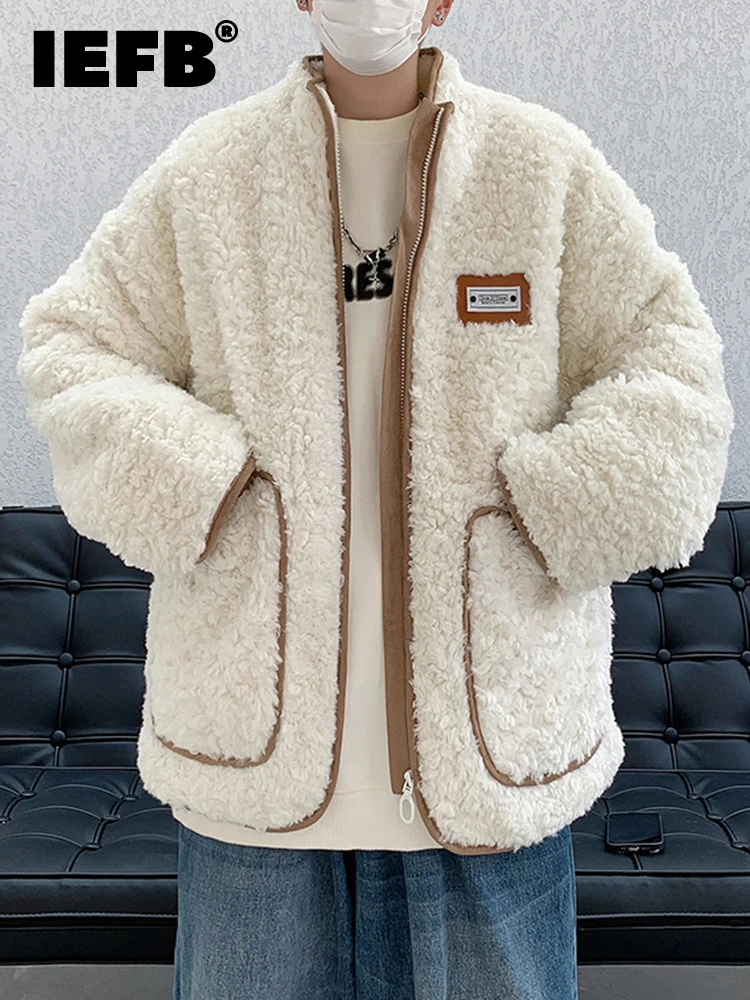 

IEFB Korean Chic Male Cotton Padded Thickened Pocket Coat Men's 2023 New Casual Zipper O-Neck Contrast Color Coat 24A1119