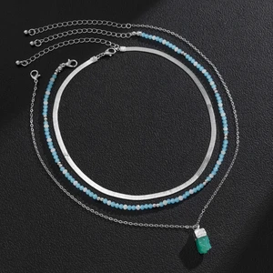 KunJoe Y2K New Multilayer Blue Crystal Bead Chain Necklace Unique Design Crystal Pendant Necklace for Women Fashion Jewelry Gift