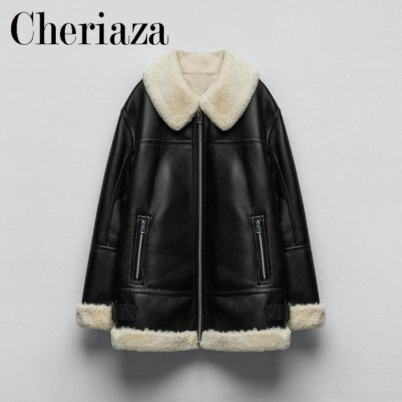 

Зимняя Повседневная Женская куртка Cheriaza из искусственного меха и искусственной кожи в стиле пэчворк, двухсторонняя черная теплая куртка на...
