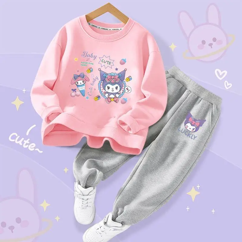 

Новинка 2023 г., милые детские свитшоты и штаны с изображением аниме My Melody Kuromi, милый пуловер для девочек с изображением героев мультфильмов, детская одежда на весну и осень