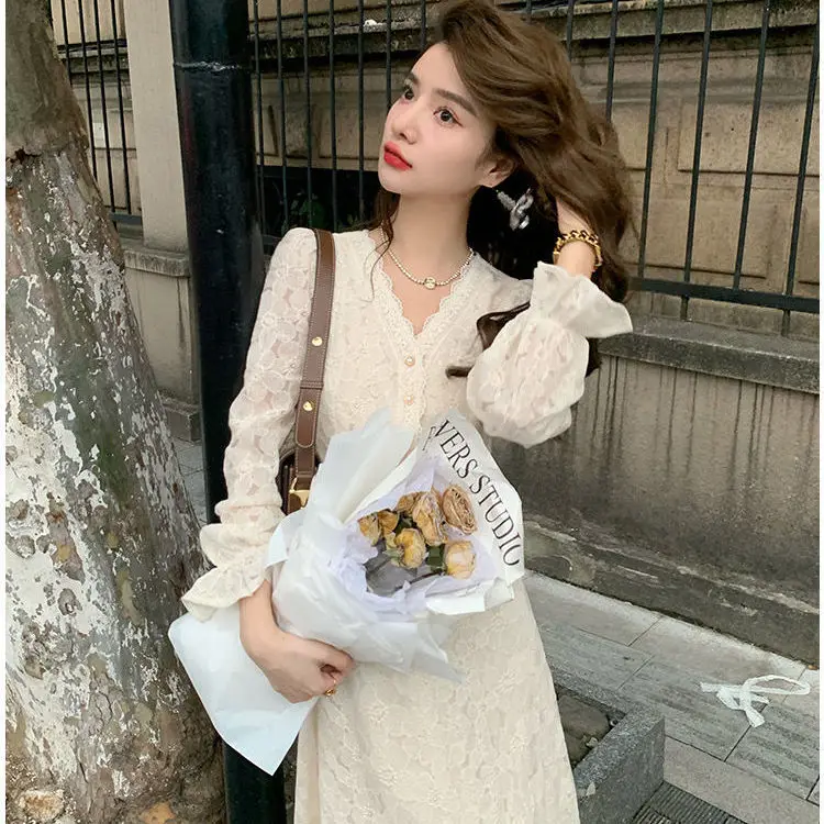 

Однотонные Элегантные платья-Макси Феи для женщин, вечернее французское кружевное дизайнерское платье средней длины с V-образным вырезом, Ж...