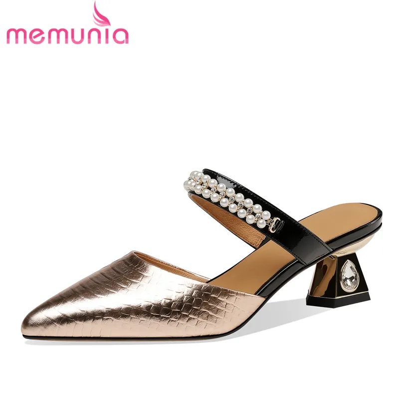 

MEMUNIA 2022 New Arrive Patent Leather Sandals Woman Solid Med Heels Shoes String Bead Summer Ladies Dress Shoes
