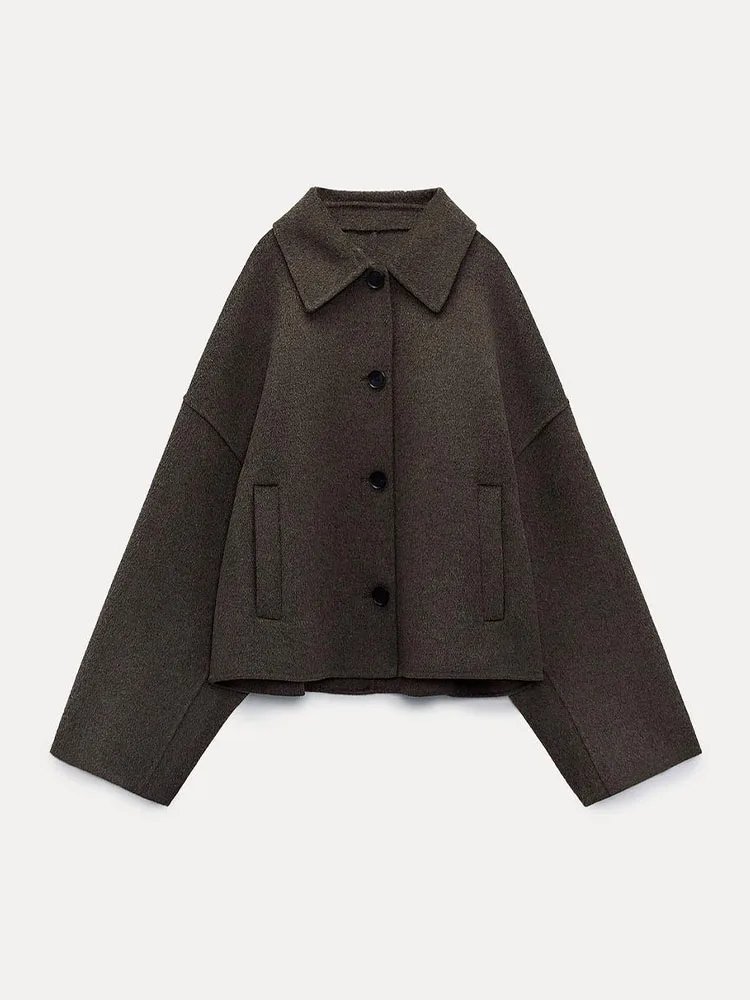 

Zach AiIsa новое осенне-зимнее универсальное женское свободное повседневное короткое пальто с отложным воротником и длинными рукавами из смешанной шерсти на пуговицах