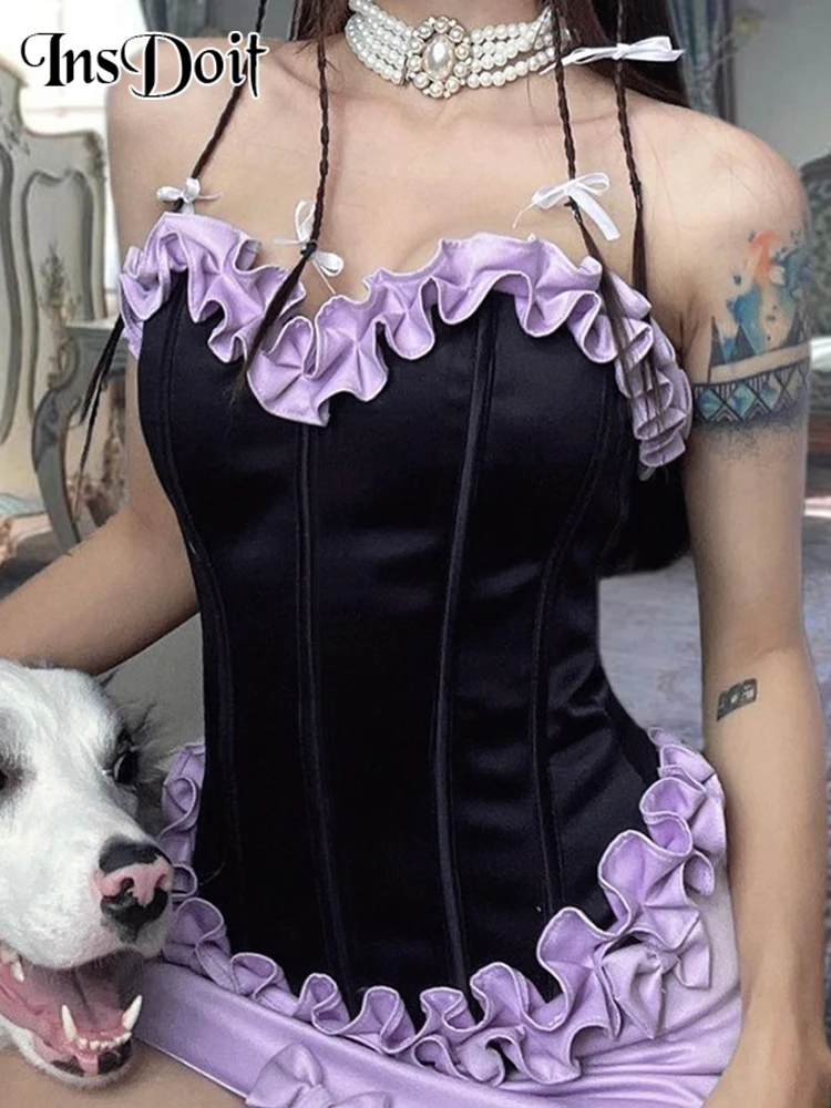 

InsDoit Floral Patchwork Gothic Corset Sleeveless Sexy Mall Slim Streetwear Vintage Aesthetic Summer Elegant Crop Top Women Tops
