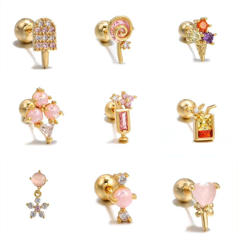 VIVILADY 1 шт. стержень из нержавеющей стали мороженое сок Цирконий медь винт для пирсинга шар гвоздики серьги ювелирные изделия для женщин вечерние ринка подарок