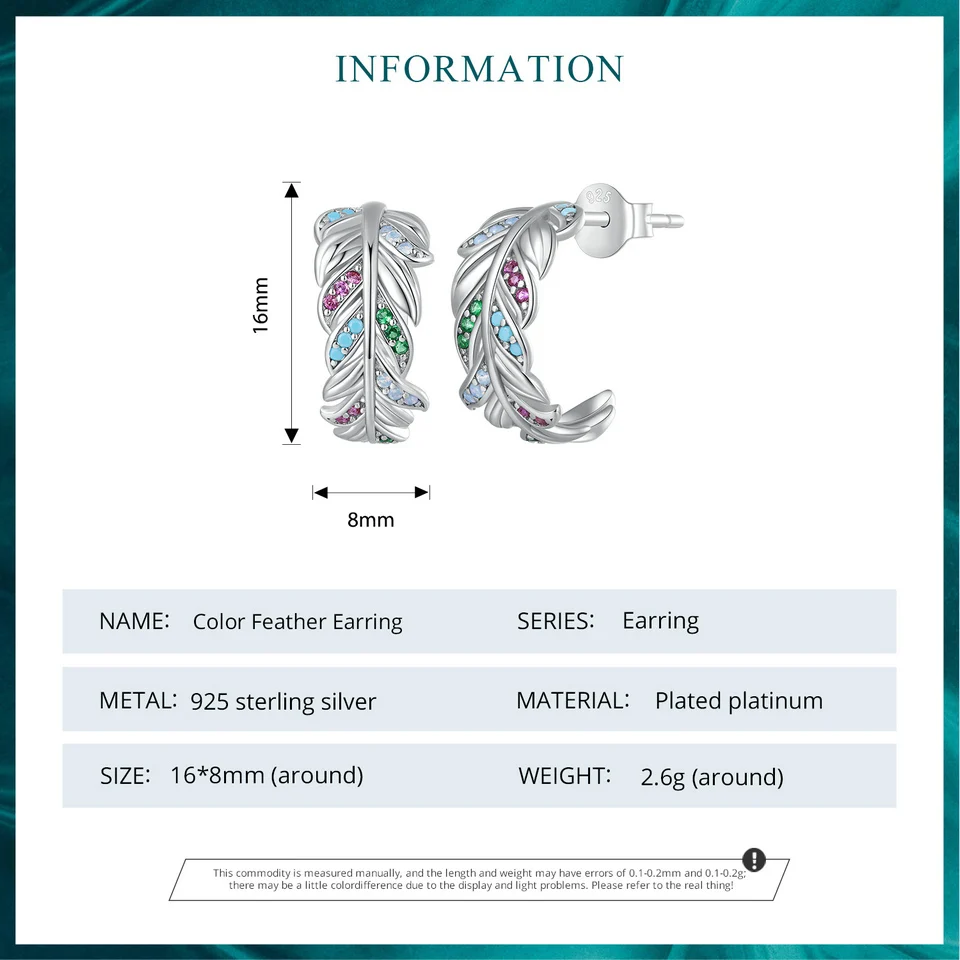Женские серьги-гвоздики Bamoer из стерлингового серебра 925 пробы с цветными перьями