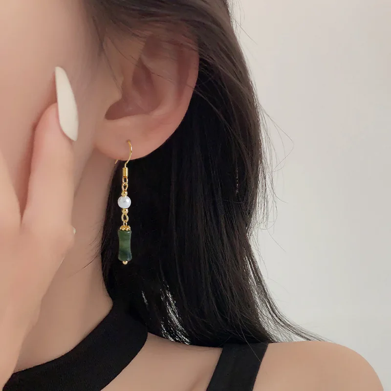 

PANJBJ Silver Gold Color Hotan Jade Earring for Women Girl Gift Pearl Bamboo Knot Vintage Jewelry Set Dropshipping Wholesale