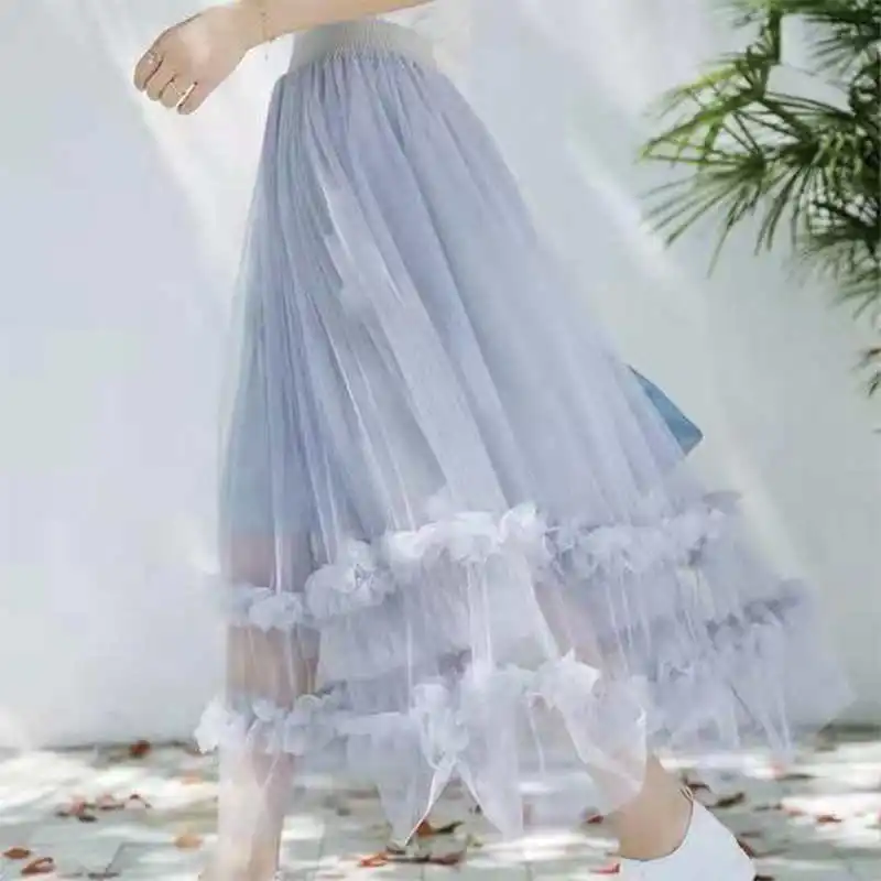 

Spring Summer Vintage Tulle Skirt Women Elastic High Waist Mesh Skirts Boho Long Pleated Tutu Skirt Female Jupe Longue C8135