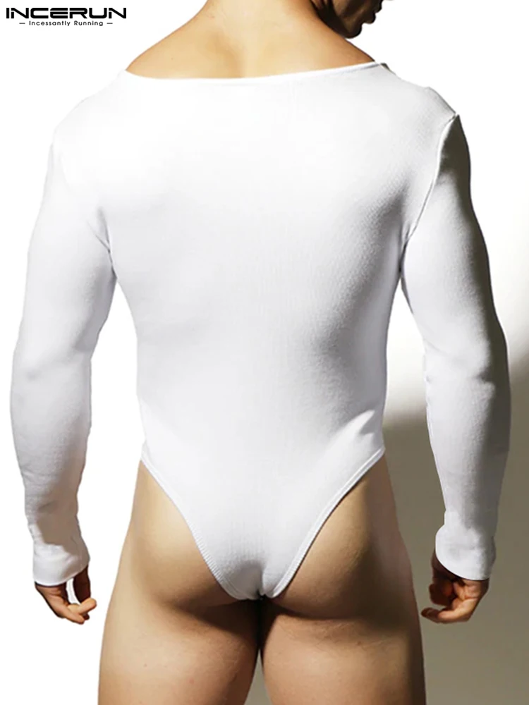 INCERUN Comfortable Homewear Sexy Casual Men's Solid Multi Buttonhole Bodysuit Fashion All-match Male Long Sleeve Rompers S-5XL