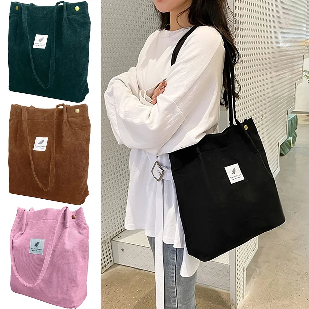 

2023 New Women Corduroy Shopping Shoulder Bags Reusable Casual Outdoor Party Tote Female Bag Handbags with Button Eco Organizer