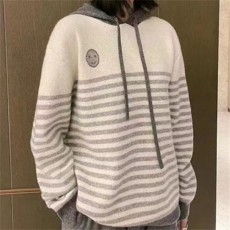 

Мужской длинный вязаный кардиган с капюшоном, Свободный Повседневный утепленный пуловер с длинным рукавом, улыбающийся полосатый топ в Кор...