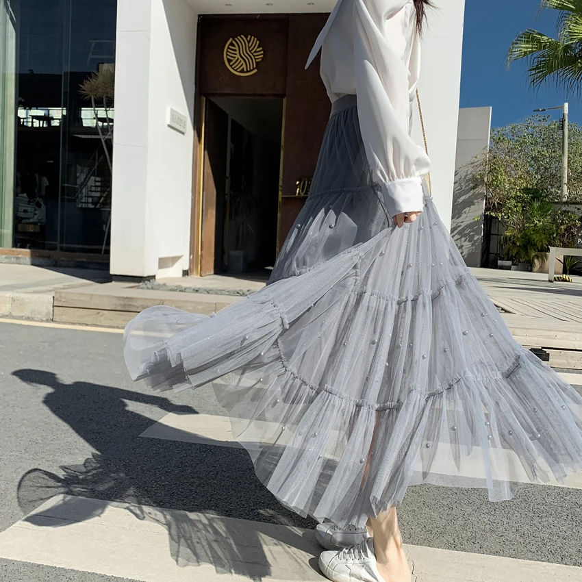 

Slim Fit Sexy Mesh Women's Midi Skirts High Waist Summer Korean Style High Street Clothing 2022 New Fashion A-LINE