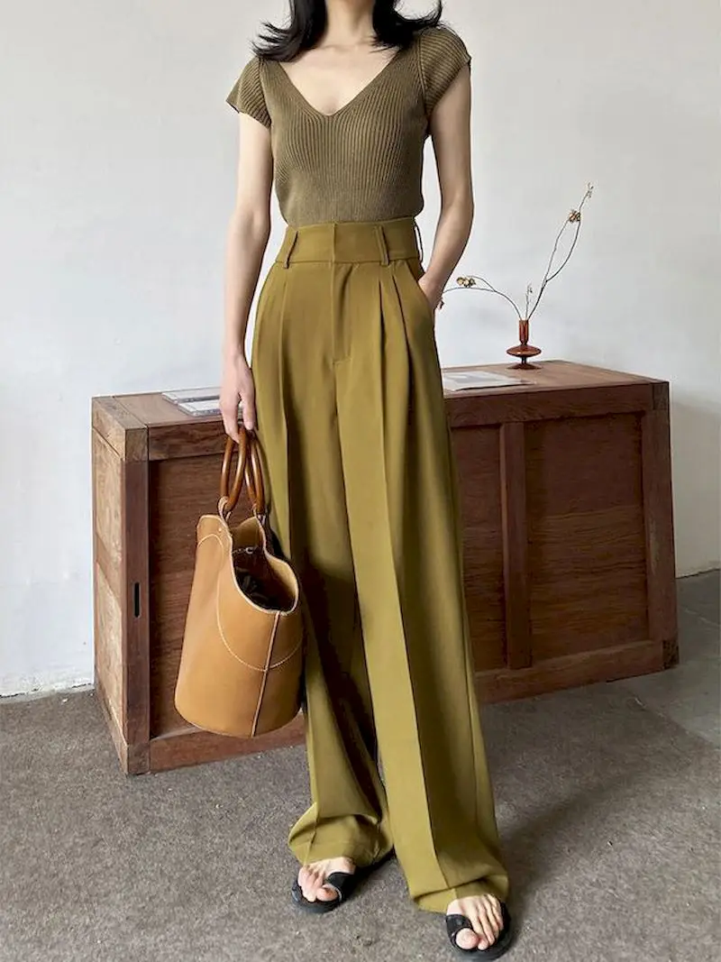 

Женские костюмы с широкими брюками, осенняя винтажная офисная одежда, Элегантные Свободные повседневные штаны в складку с прямыми брюками, ...