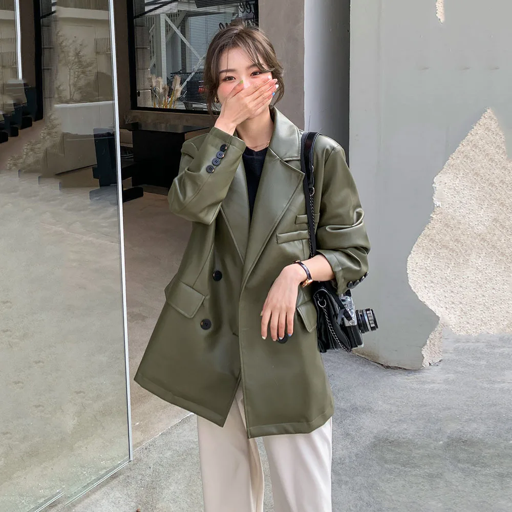 Vintage Women Green Faux Leather Jacket Blazers Autumn Loose Casual Notched Collar Big Pocket Long Sleeve Suit Jacket Femme