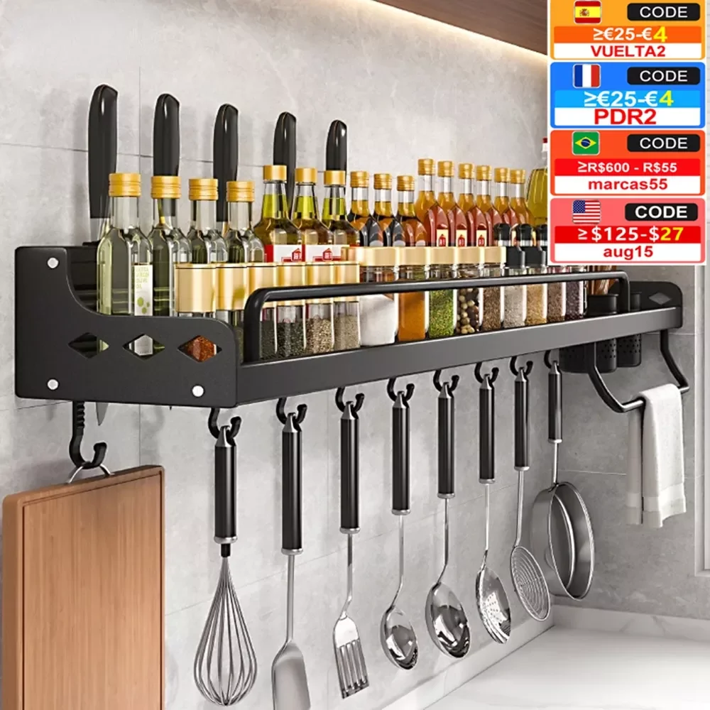 

Kitchen Spice Rack Multifunctional Storage Rack Knife Spoon Spice Organizer Aluminum Wallmounted Kitchen Shelf Kitchen Organizer