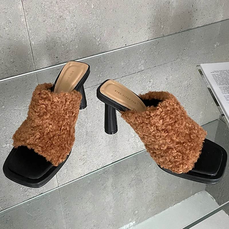 

Женские меховые шлепанцы, туфли-лодочки на высоком каблуке, сандалии с квадратным носком, привлекательная женская обувь на высоком каблуке,...