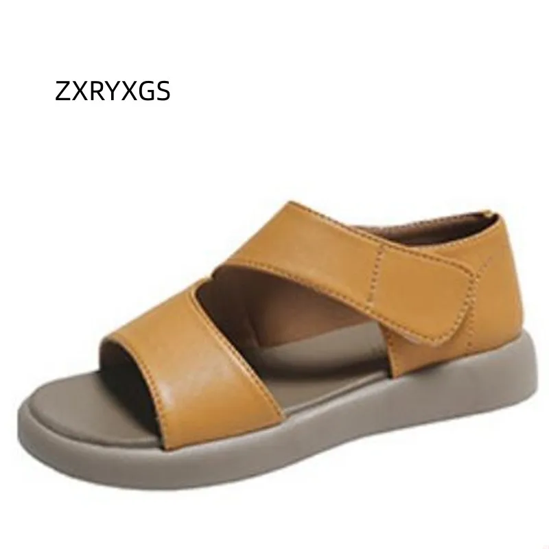 

ZXRYXGS 2023 High Quality Pu Leather Fish Mouth Sandals Comfort Soft Sole Flat Sandals Breathable Hollow Women Casual Sandals