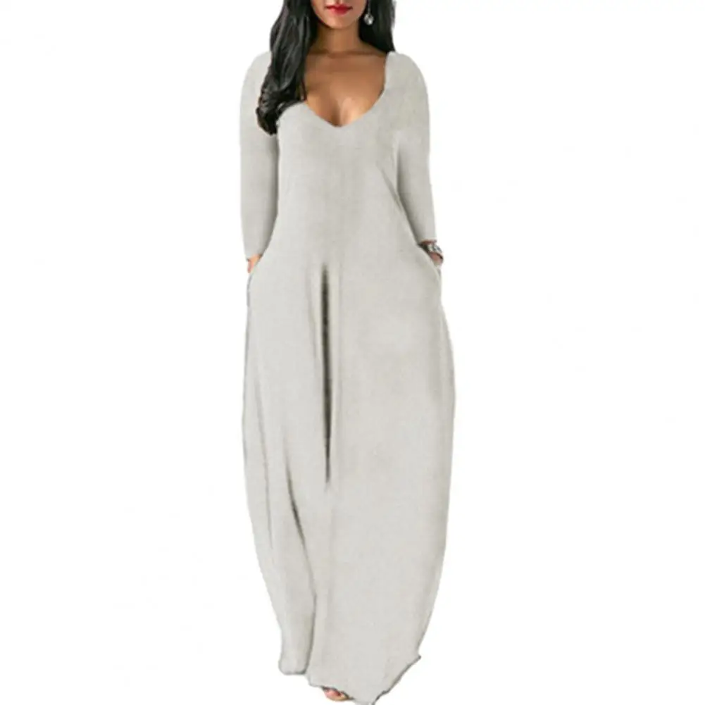 

Spring Fall Elegant Women Dress Oversized V Neck Long Sleeve Pockets Solid Color Breathable Casual Baggy Maxi Dress Women
