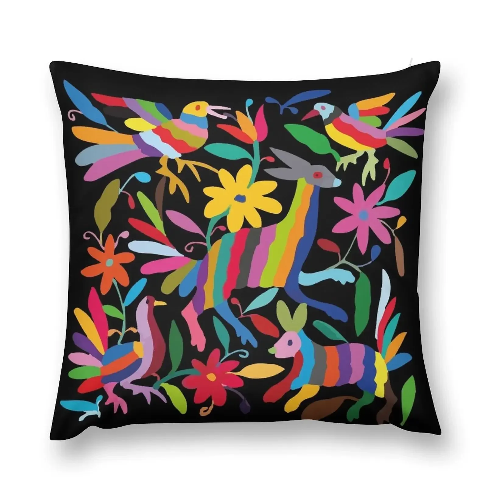 Фото Mexican textile handmade embroidery colorful pattern otomí tenango black fabric Throw Pillow Elastic Cover For Sofa pillow №1