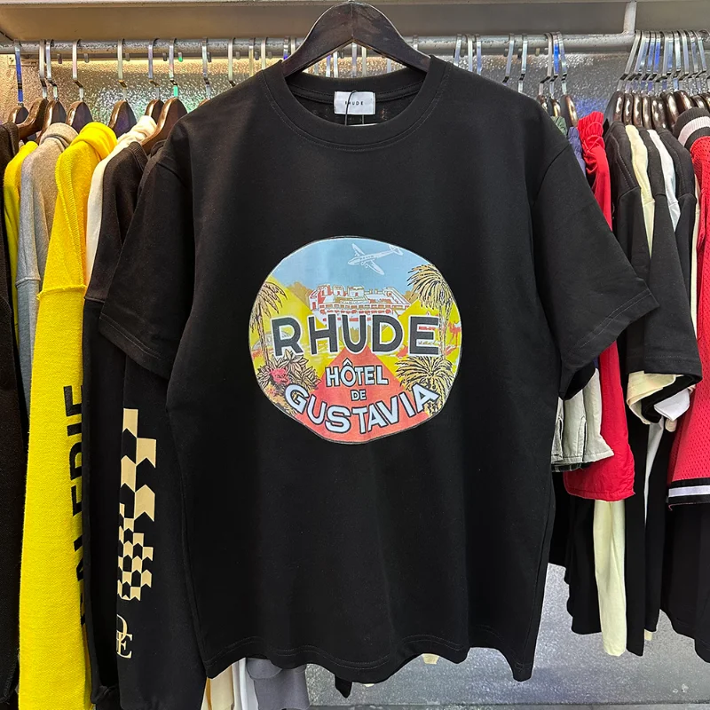 

2023ss Oversized RHUDE Hotel De Gustavia Logo T-shirt Women Men Top Quality T Shirt Top Short Sleeve Tees tshirt men clothing