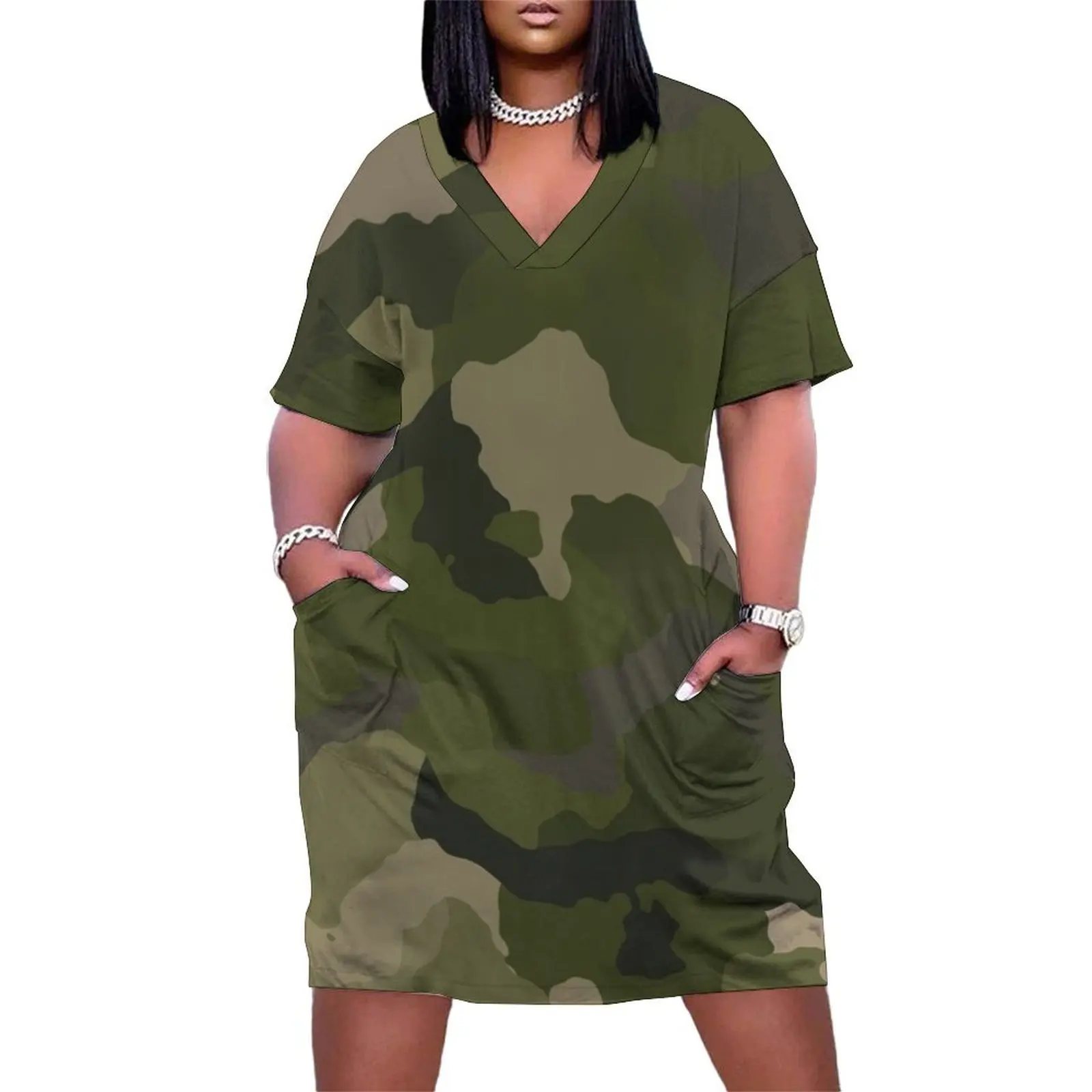 Оливковое камуфляжное свободное платье с карманами роскошное вечернее в