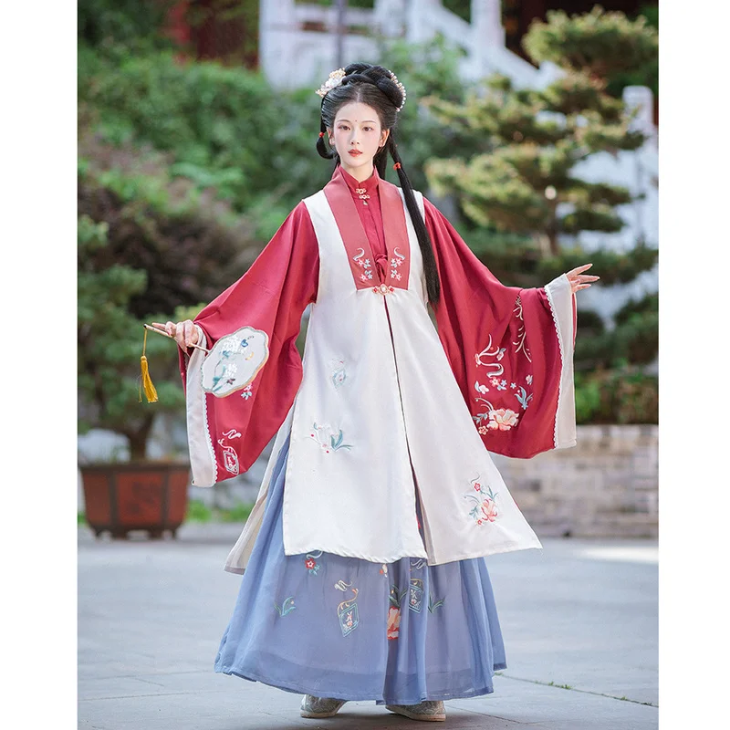

Traditional Chinese Clothing for Women Spring Red Classical Party Embroidery Song Dynasty Hanfu Long Vest Improve Dress Set