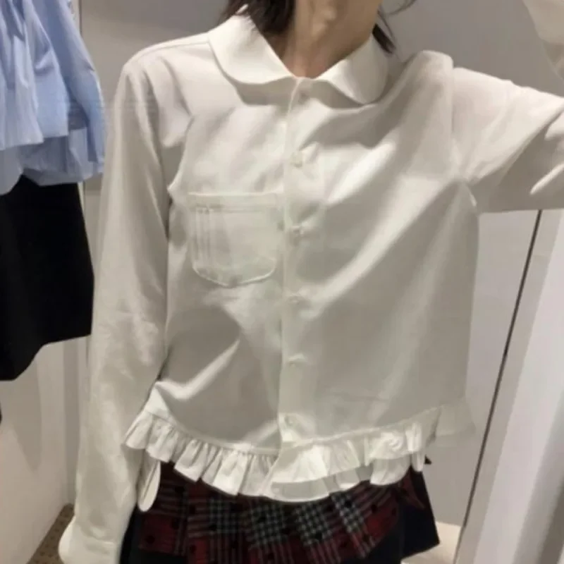 Matakawa женские рубашки нестандартной формы с однотонными оборками весенне-осенние