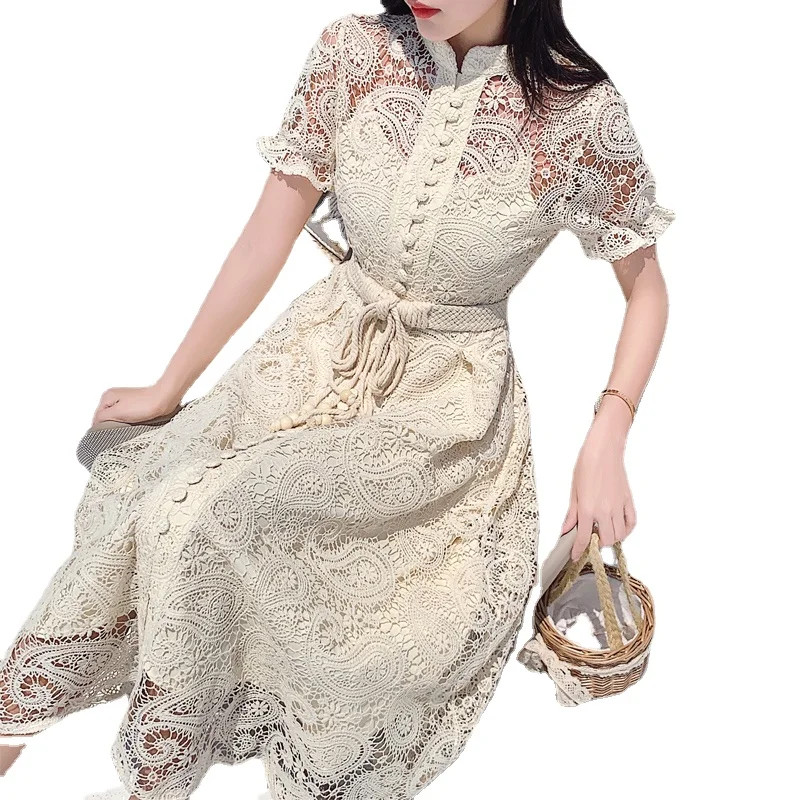 Женское кружевное платье в стиле бохо элегантное винтажное однотонное