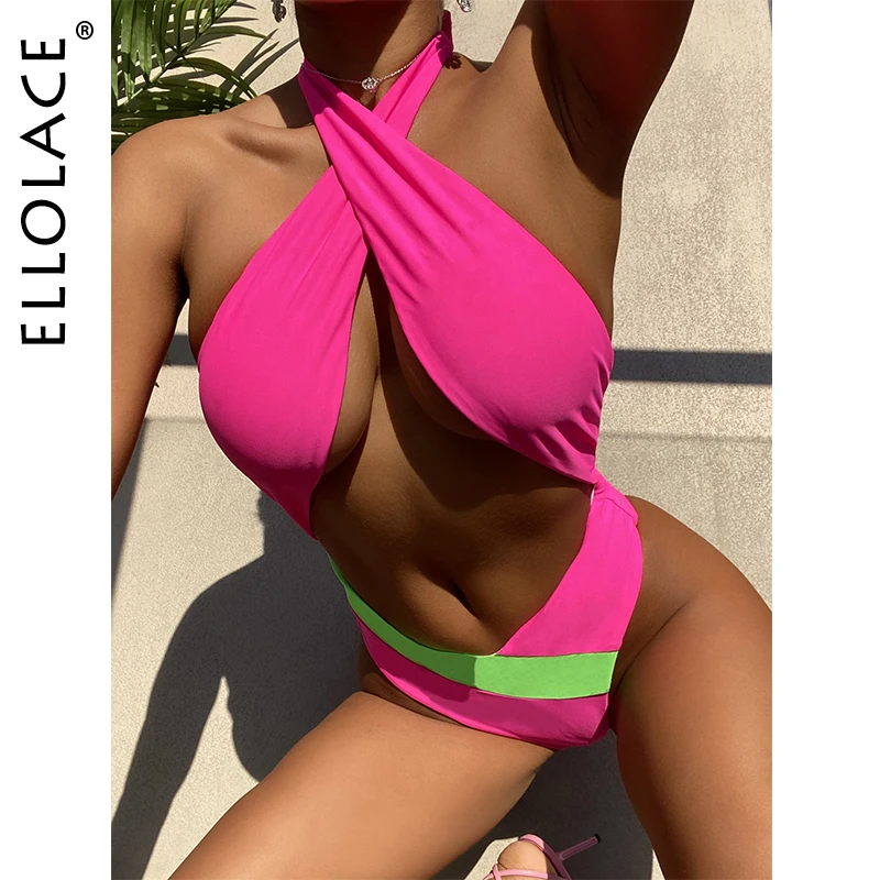 

Ellolace Pink Swimsuit One Piece Sexy Hollow Out Halter Swimwear Patchwork Bathing Suit Body Neon Brazilian Beachwear Monokini