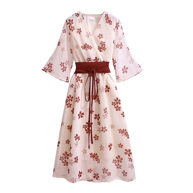 

Винтажное Цветочное платье макси для женщин, летнее Элегантное повседневное платье-трапеция в японском стиле Kikyo с высокой талией, V-образным вырезом и коротким рукавом, во французском стиле