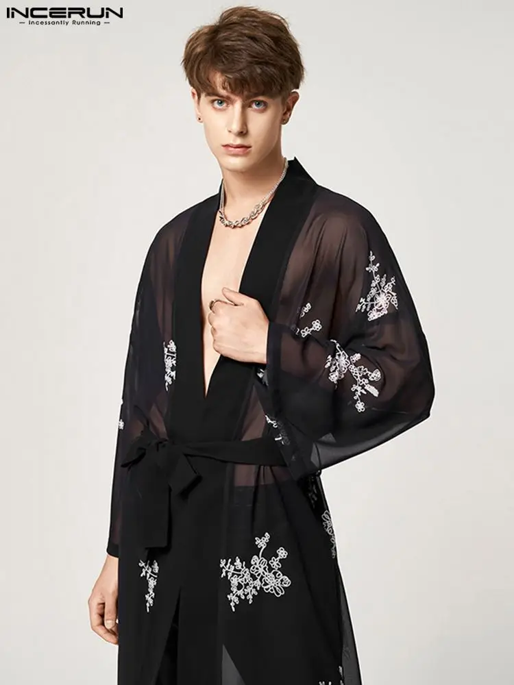 INCERUN American Style Men Chiffon Floral Printing Long Banding Blouse Fashion Male Thin Loose Long Sleeve Cardigan Shirts S-5XL