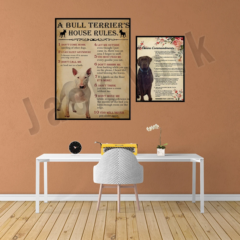 

10 dog commandments labrador poster, bull terrier house rules, bull terrier dog, labrador lovers poster, dog love poster