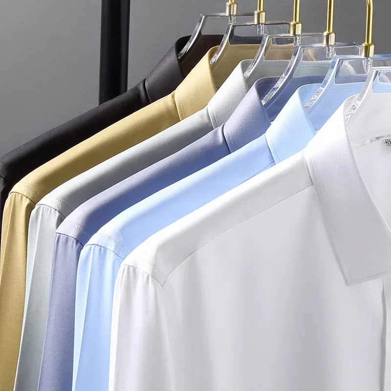 5xl Long Sleeve Elastic Male Formal Shirts Solid Regular Fit Business Men Dress Shirts without Front Pocket Stretch Quality New