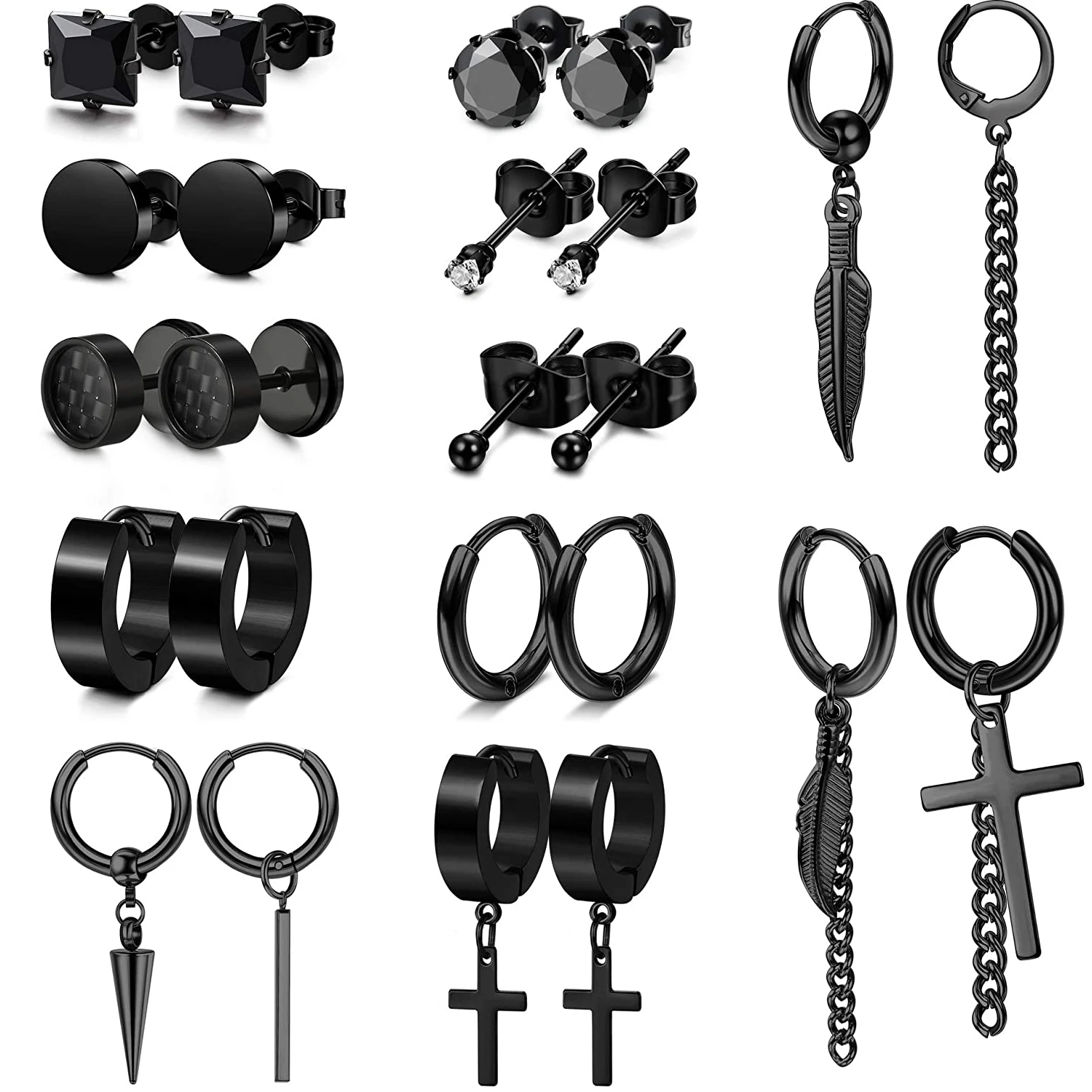 

12 Pairs Black Earrings Men Stud Hinged Hoop Earrings Stainless Steel CZ Cross Feather Dangle Earrings Long Chain Kpop Jewelry